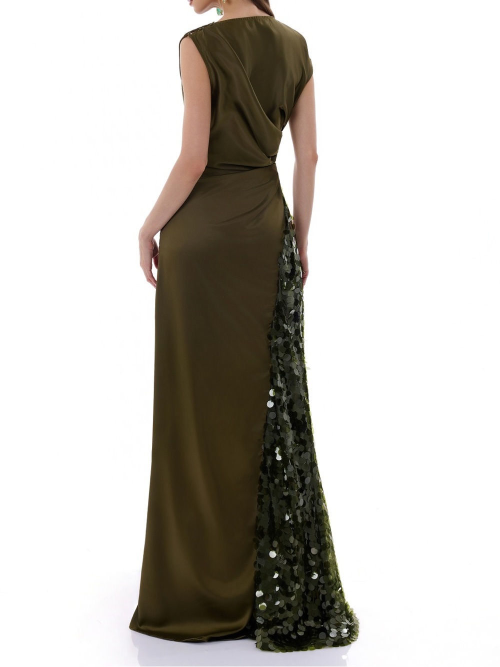 Violet Aurora Olive Green Sequin Satin High Slit Formal Gown Size L NWT - Picture 4 of 11